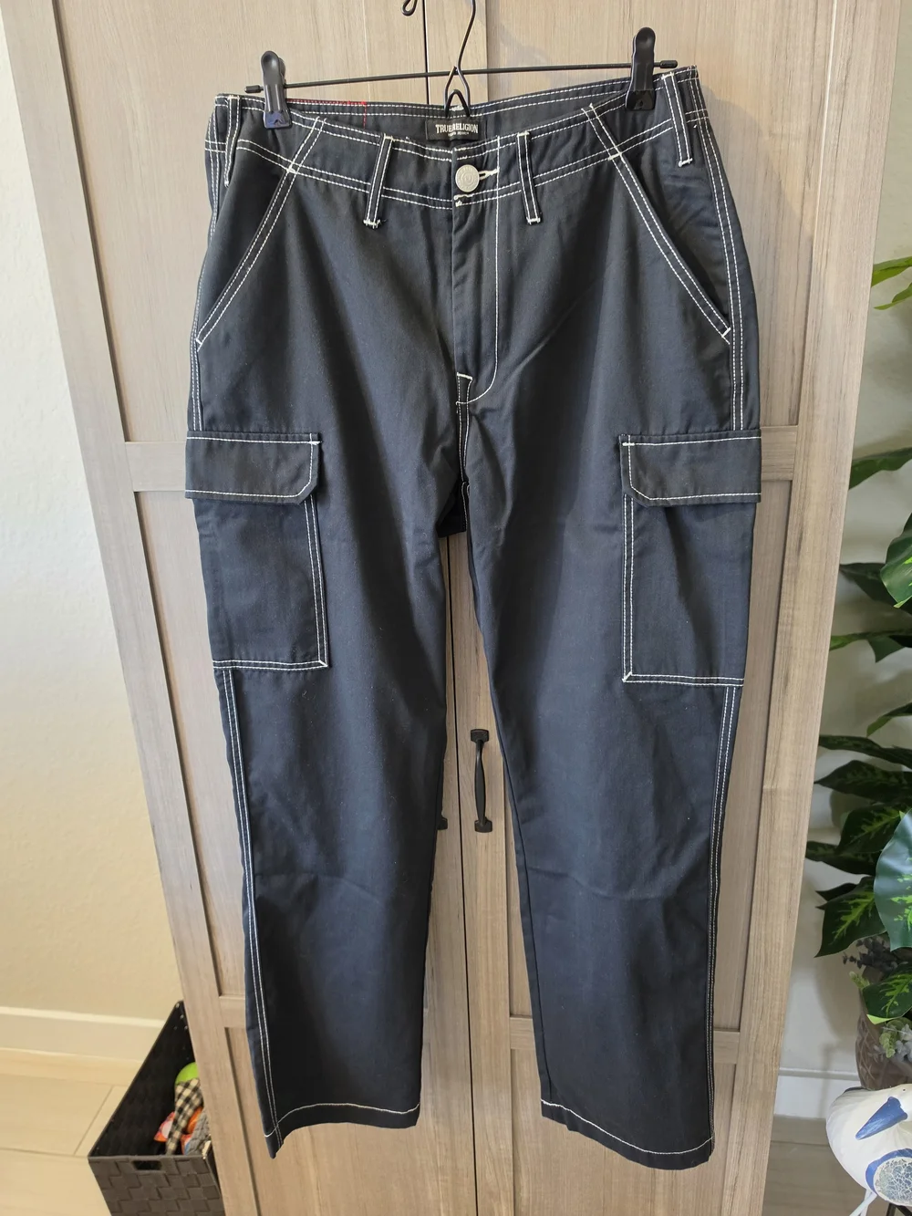 True Religion Black Cargo Pants with White Contrast Stitching